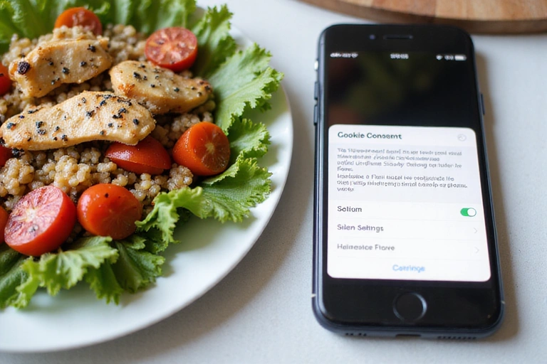 A plate of healthy food next to a smartphone displaying cookie settings